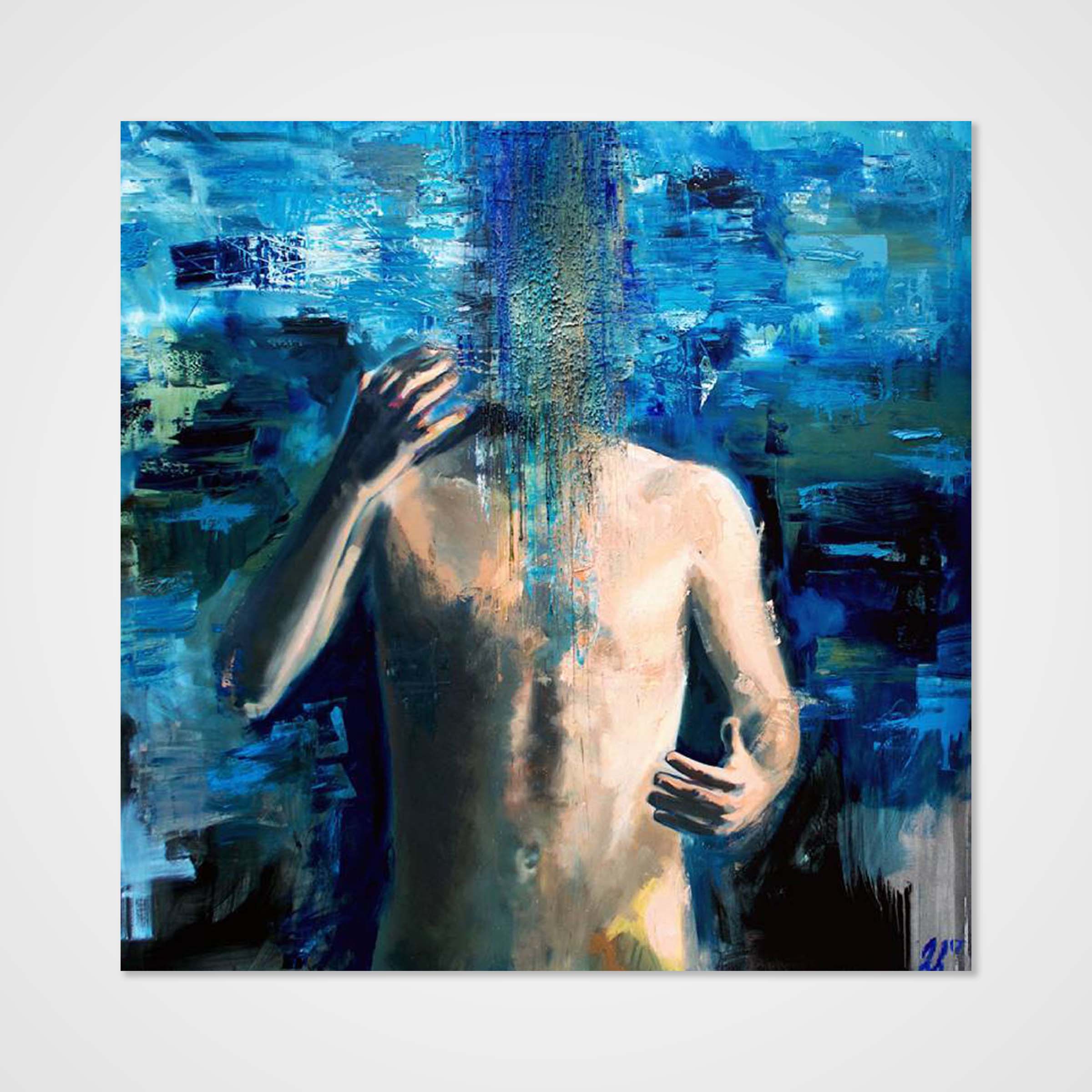 Figurative oil painting of main with melted wax